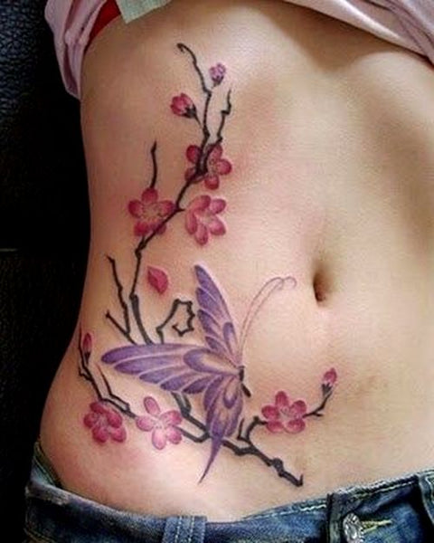 Tatouage Papillon et fleur de cerisier sur Ventre - Rêve de Papillon