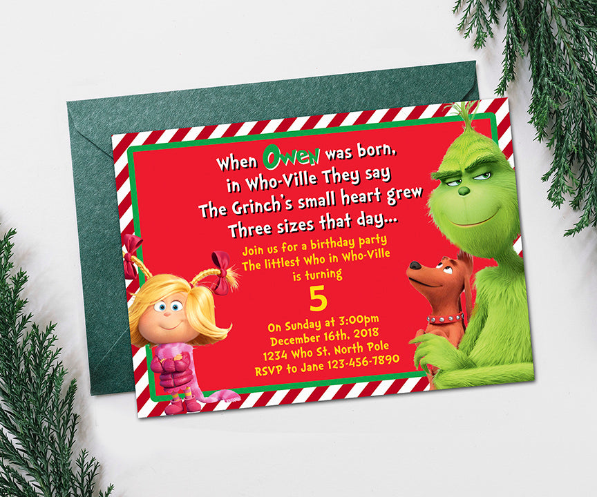 Dr Seusss The Grinch Birthday Party Invitation Jolly Owl Designs 6290