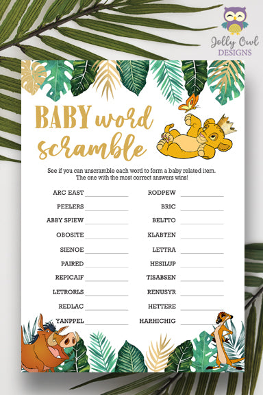 Jungle Safari Lion King Baby Shower Baby Word Scramble Game Jolly