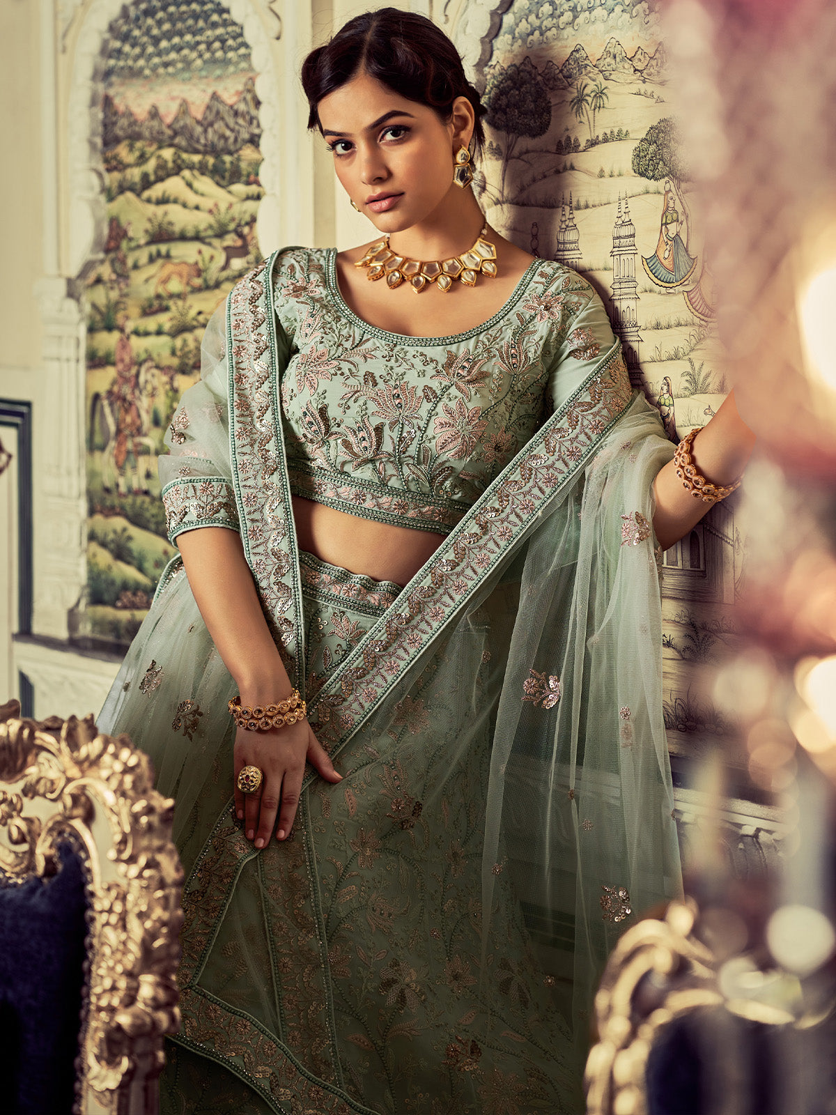 

Classic Sea Green Georgette Embroidered Lehenga Choli