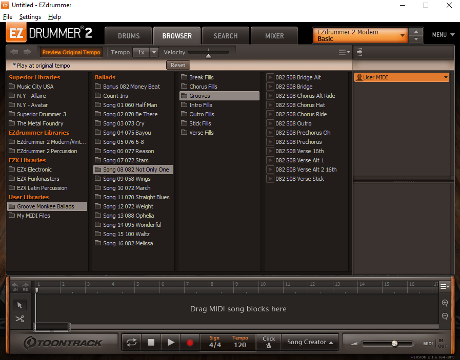 Groove Monkee MIDI installed in EZdrummer 2