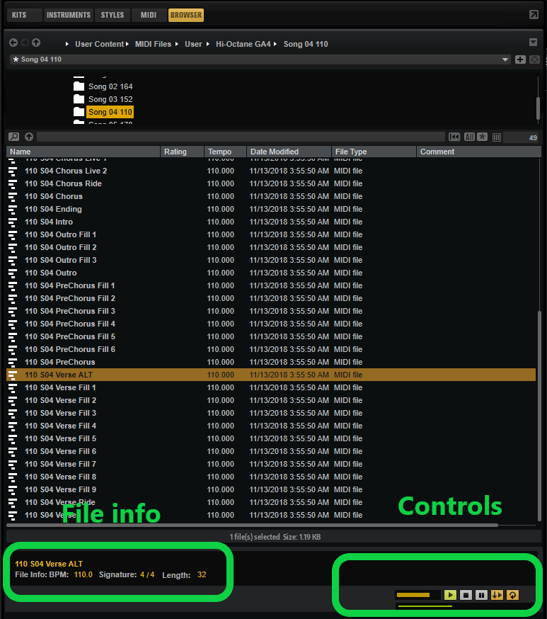 Cubase Browser file information