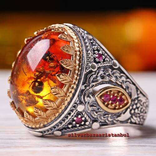 Turkish 925 Sterling Silver Popular orange amber stone Mens ring ALL SİZE us 