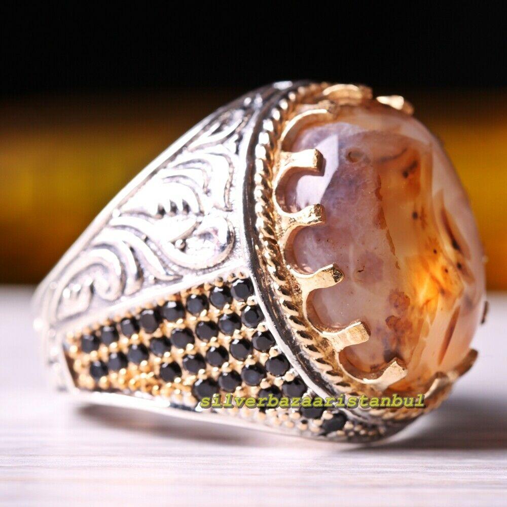 Details about   Turkish Handmade 925 Sterling Silver Zircon and Agate Aqeeq King Lion Mens Ring