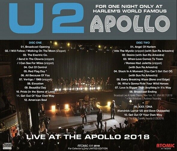 U2 LIVE AT THE APOLLO 2018 2CD ATOMIC AT-1802AB ALL BECAUSE OF YOU