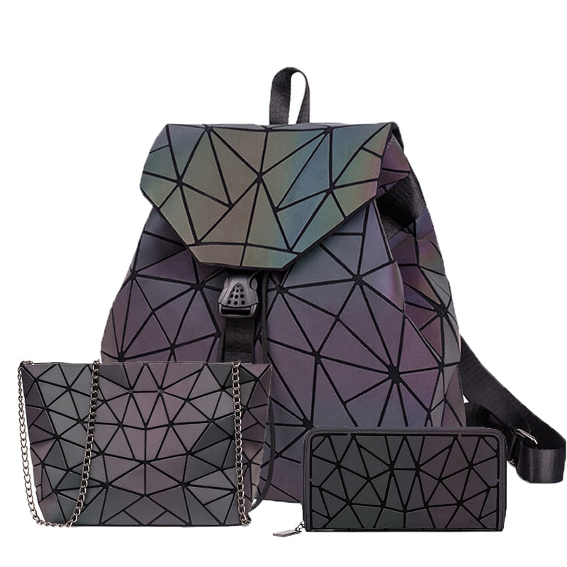 Women Backpack Luminous Geometric Plaid Sequin Female Backpacks For Teenage Girls Bagpack Drawstring Bag Holographic Backpack