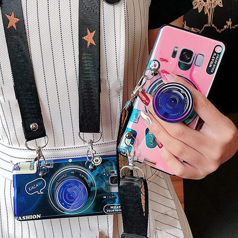 For Samsung A10 A20E A30 A40 A50 A60 A70 S10 e S10lite J4 J6 J7 Plus 3D Camera soft tpu cover case coque with Lanyard + Bracket