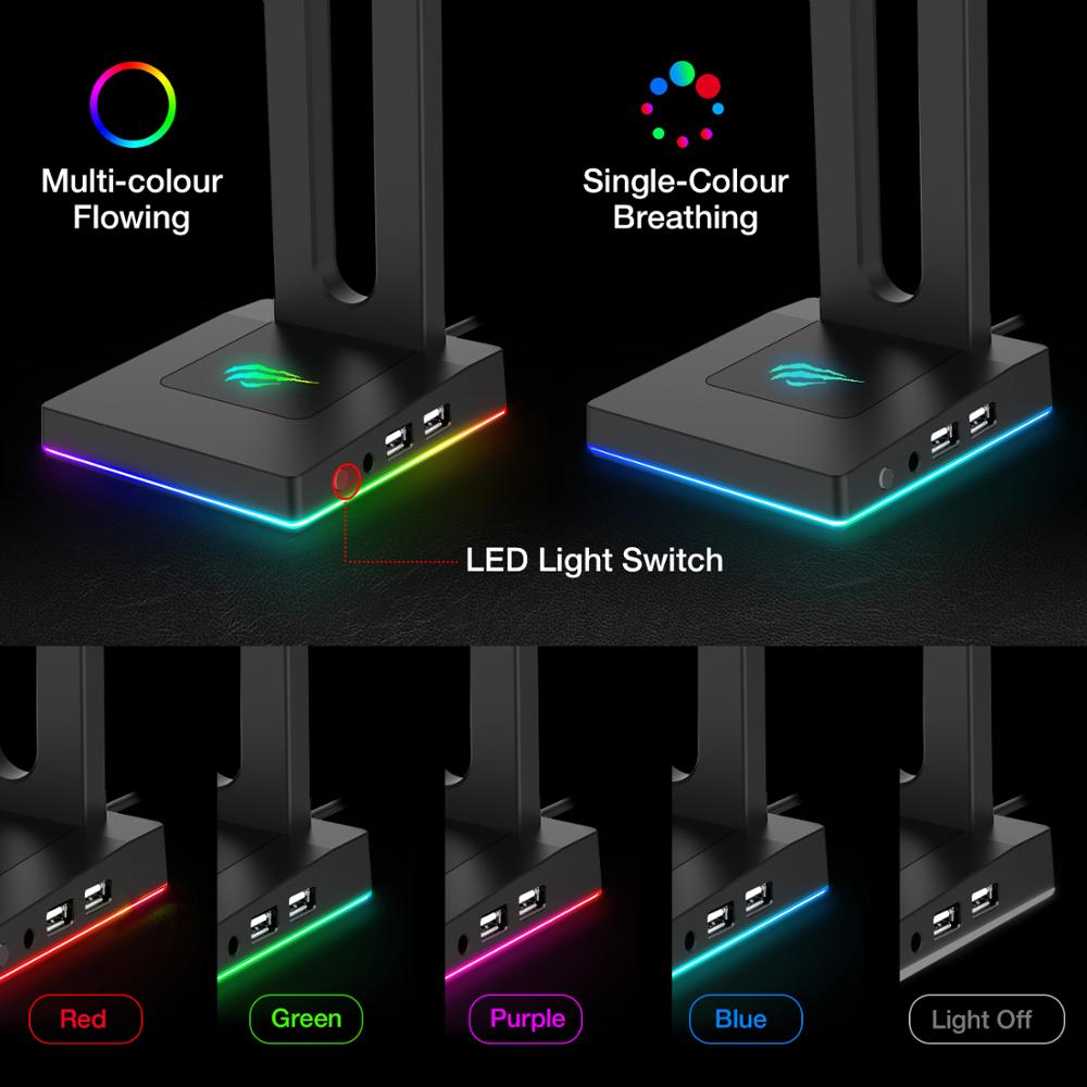 Havit TH630 RGB Headphones Stand with 3.5mm AUX and 2 USB Ports, Headphone Holder for Gamers Gaming PC Accessories Desk