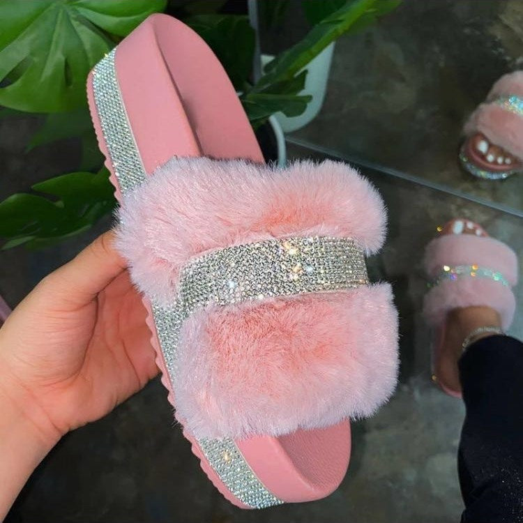 fur slides with rhinestones