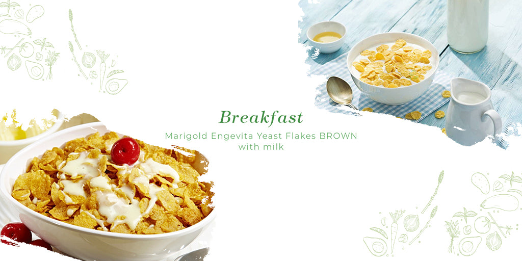Breakfast: Marigold Engevita Yeast Flakes with milk