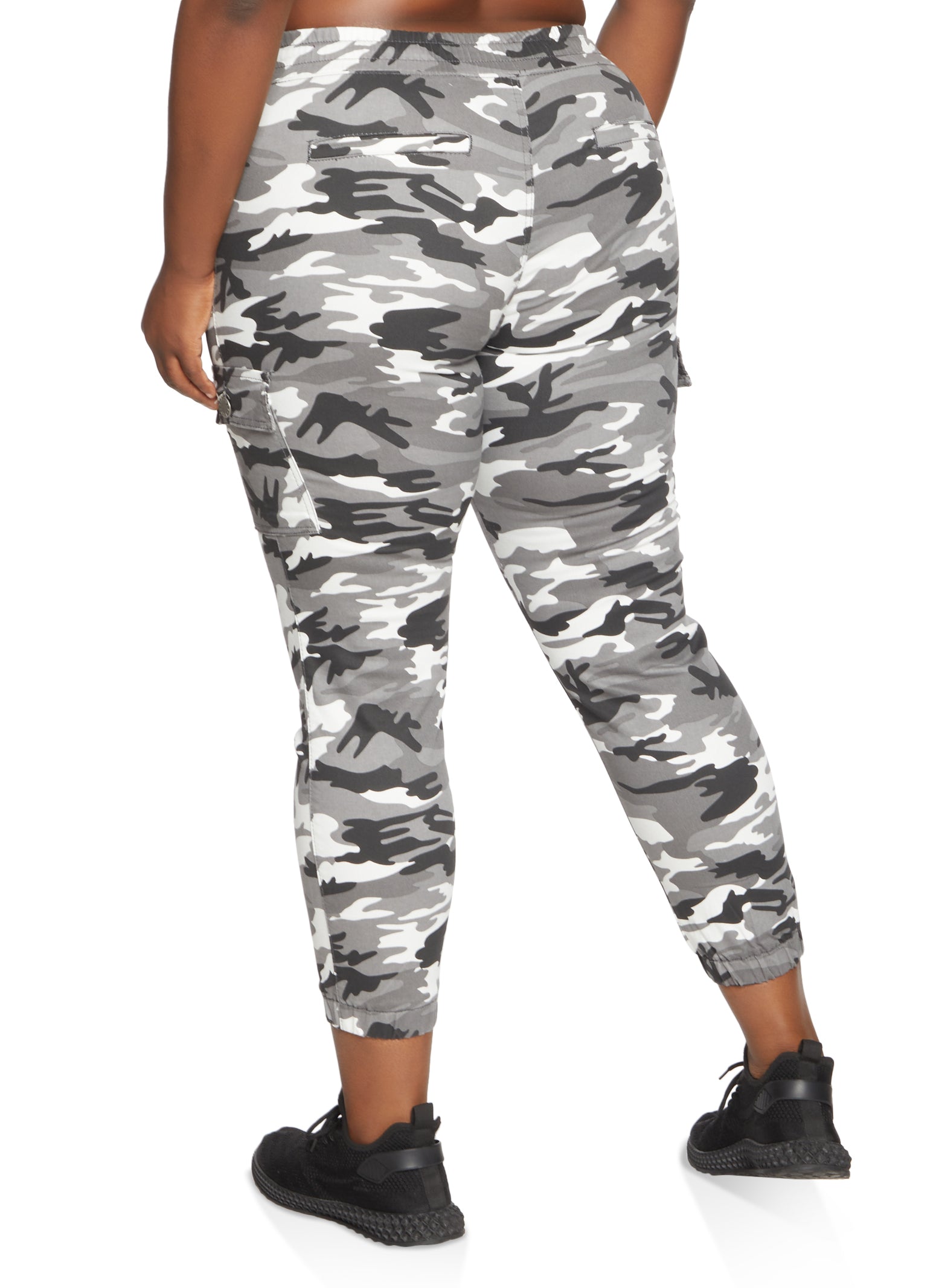 Plus Size Drawstring Camo Cargo Joggers - Black/white