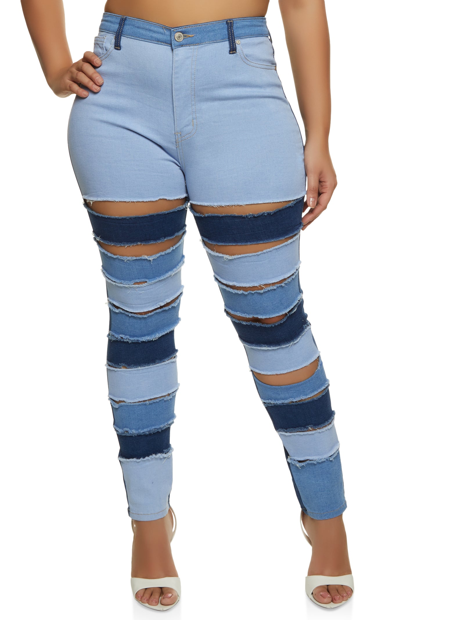 Plus Size Color Block Slashed Skinny Jeans - Denim
