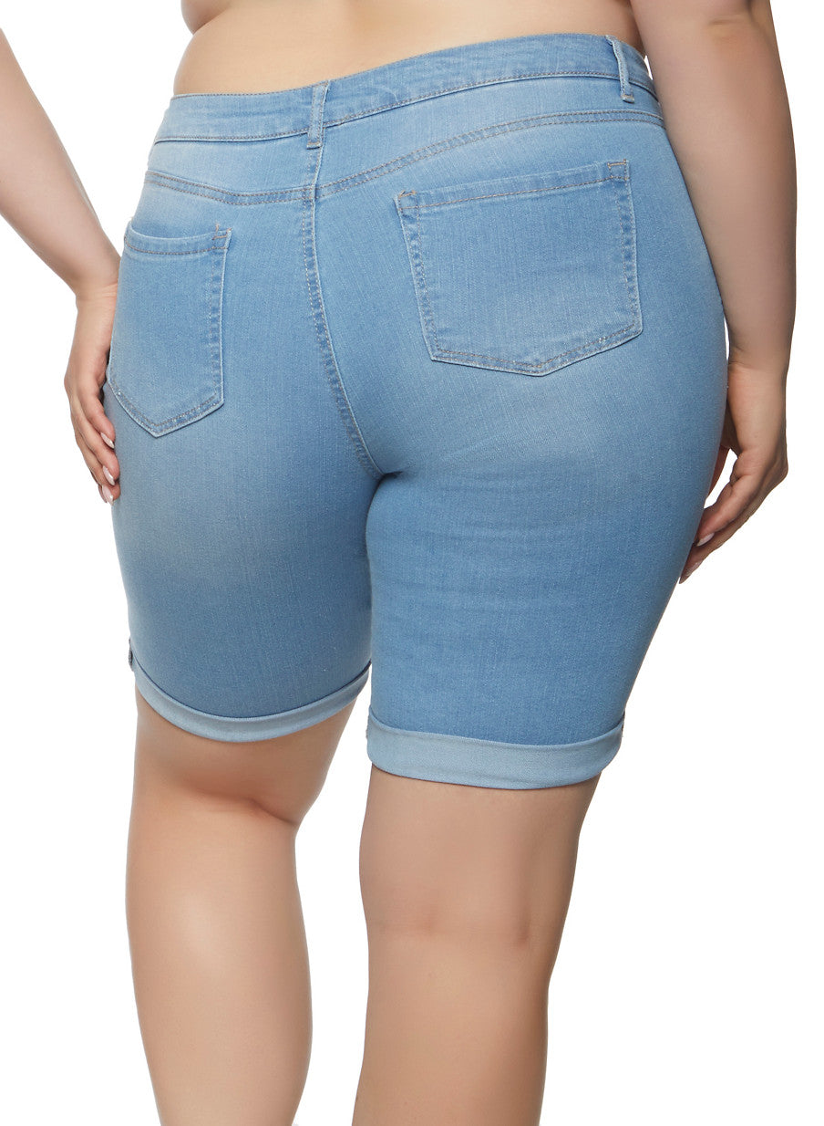 Plus Size WAX Ripped Bermuda Denim Shorts - Light Wash