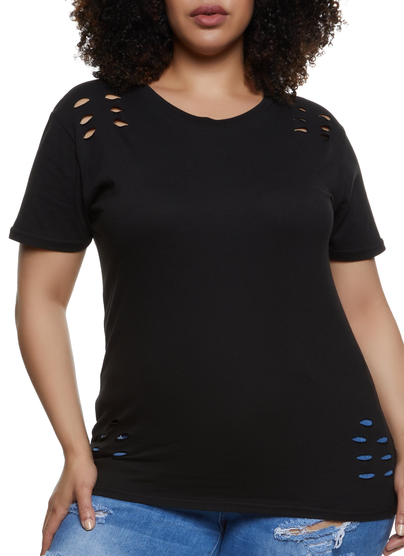 Plus Size Laser Cut Crew Neck T Shirt - Black