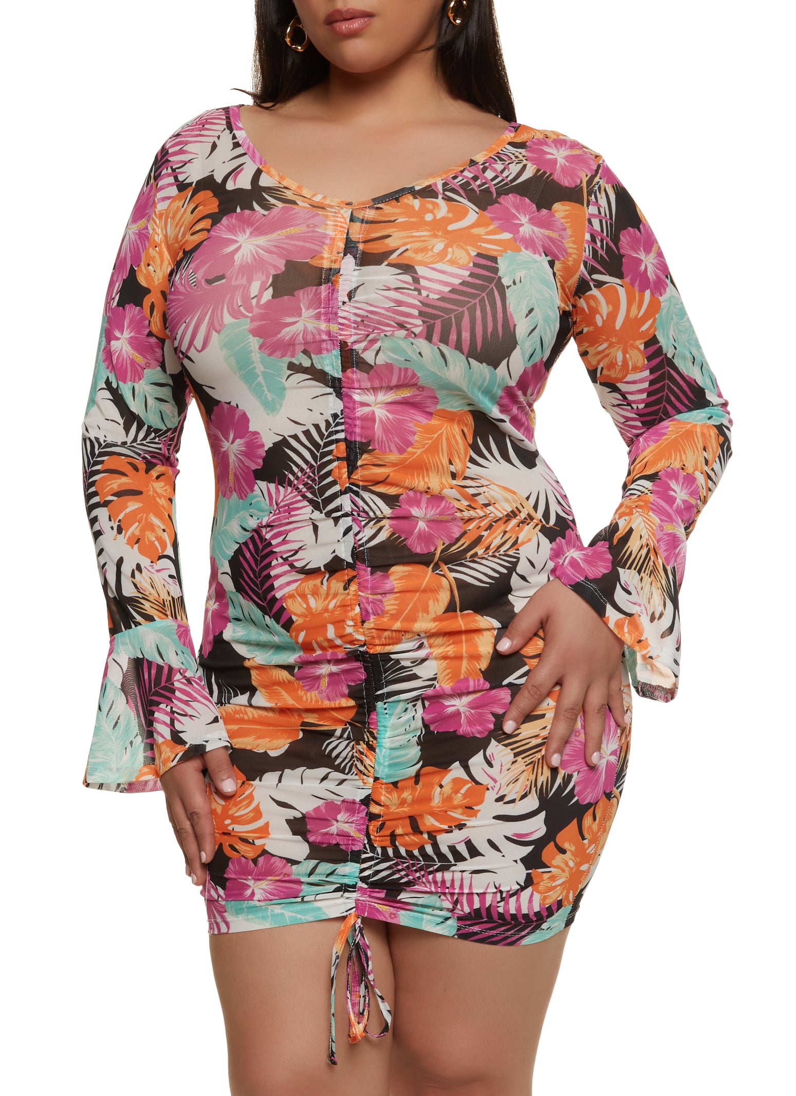 Plus Size Tropical Print Ruched Front Dress