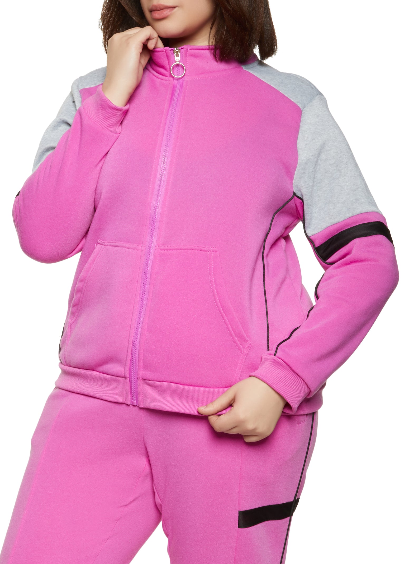 Plus Size Color Block Zip Front Track Jacket