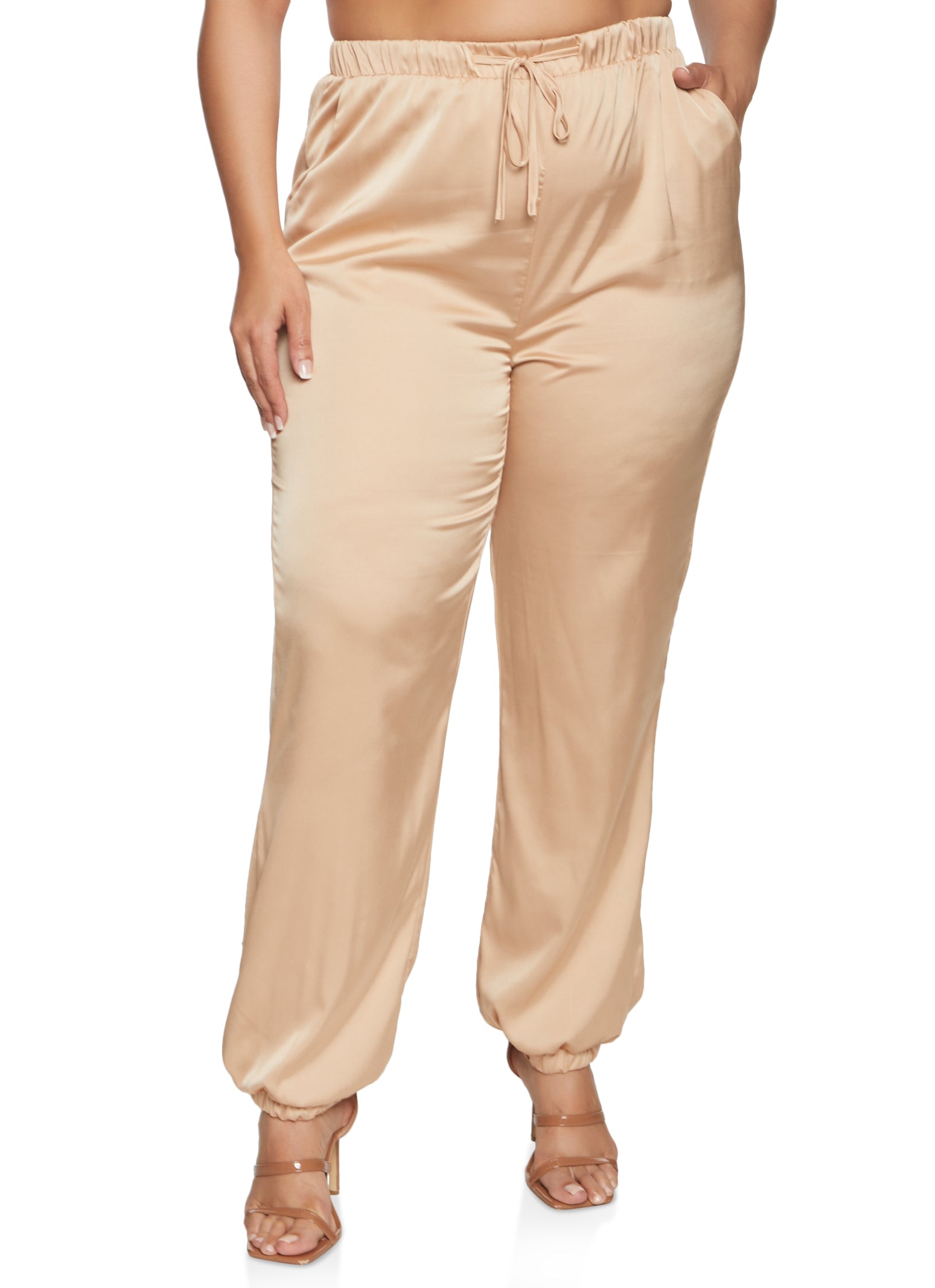 Plus Size Satin Drawstring Joggers - Gold