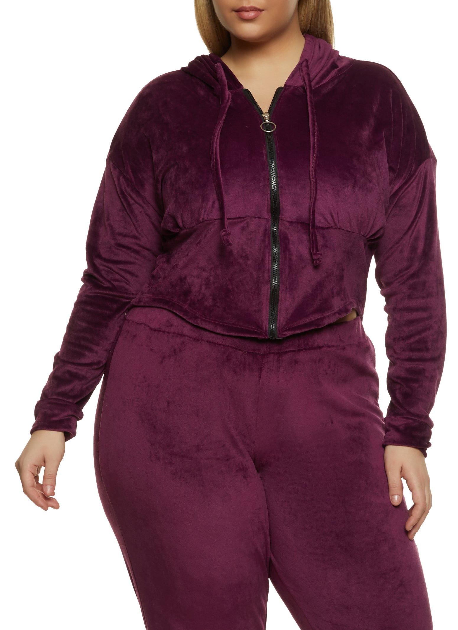 Plus Size Velour Long Sleeve Hoodie - Purple