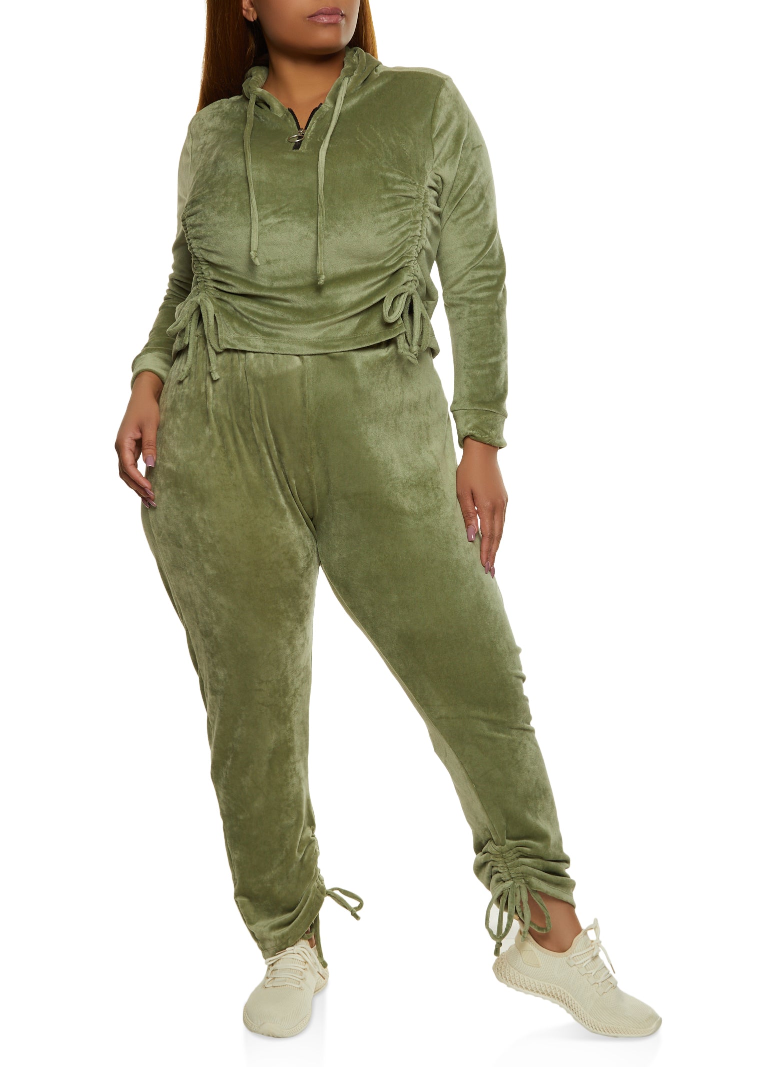 Plus Size Ruched Velour Hoodie - Olive