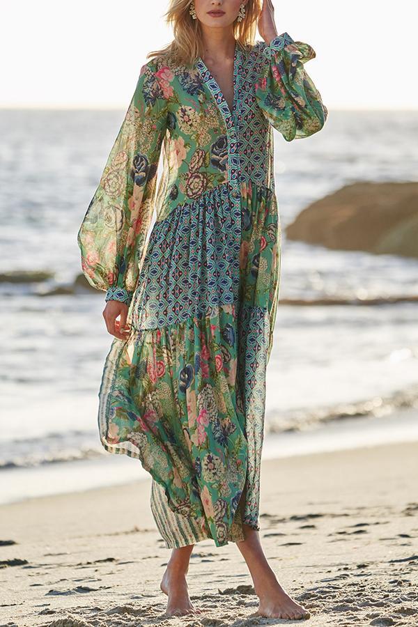 balloon sleeves boho printed maxi dresses