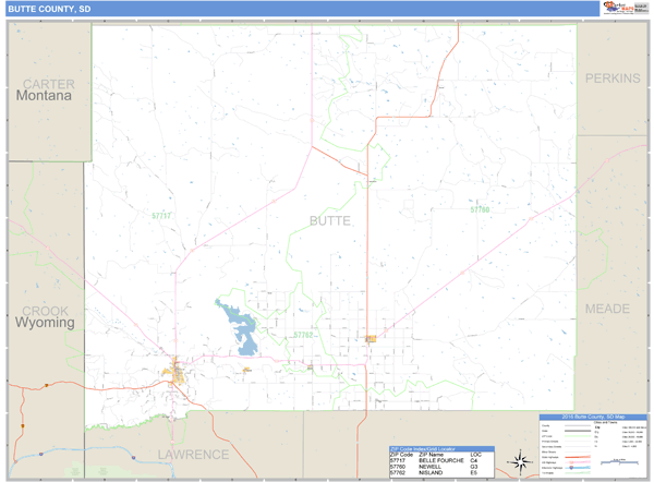 Butte County South Dakota Zip Code Wall Map 5551
