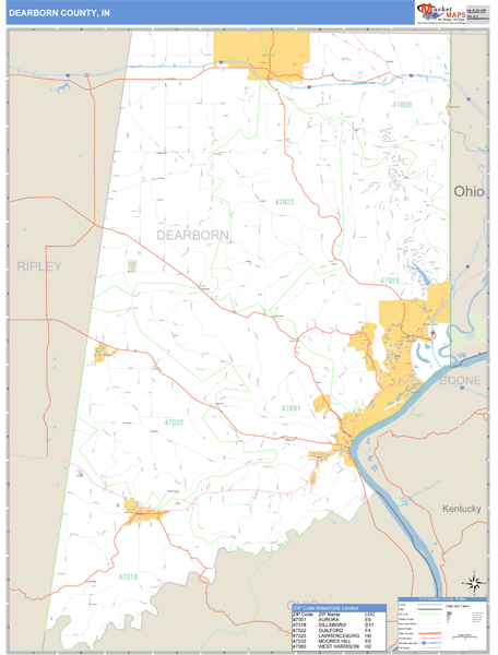 Dearborn County, Indiana Zip Code Wall Map | Maps.com.com