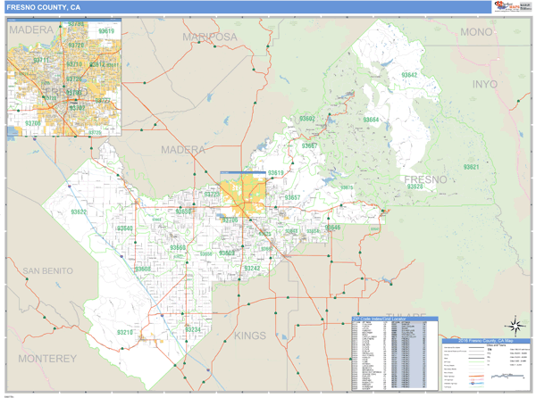 Fresno County, California Zip Code Wall Map