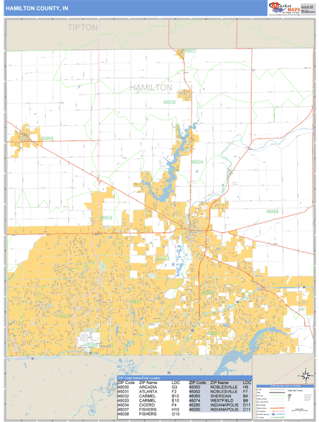 Hamilton County, Indiana Zip Code Wall Map | Maps.com.com