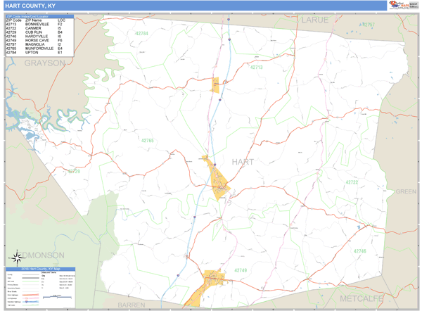 Hart County Kentucky Zip Code Wall Map 5421