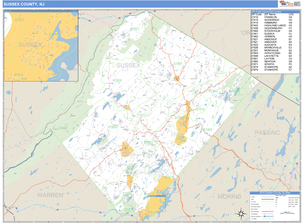 Sussex County New Jersey Zip Code Wall Map 9490