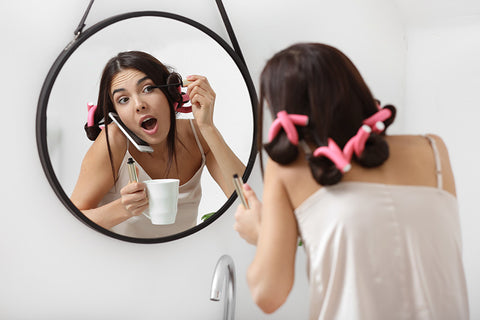 woman is late to make-up and do multi-task