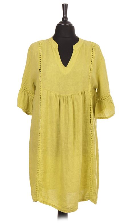 Linen V-Neck Dress With Crochet Detail And Flared Sleeves - Mustard - Liven Boutique