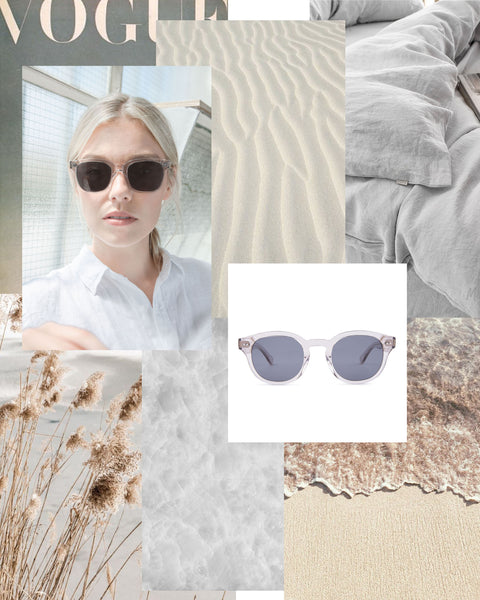 Mari & Clay Sustainable Sunglasses  in transparent sand moodboard. Designed in Australia.