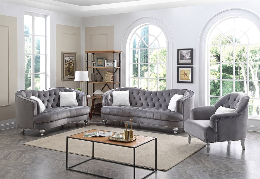 6 Seater Grey velvet Tufted Sofa Set – New Furniture Gallery