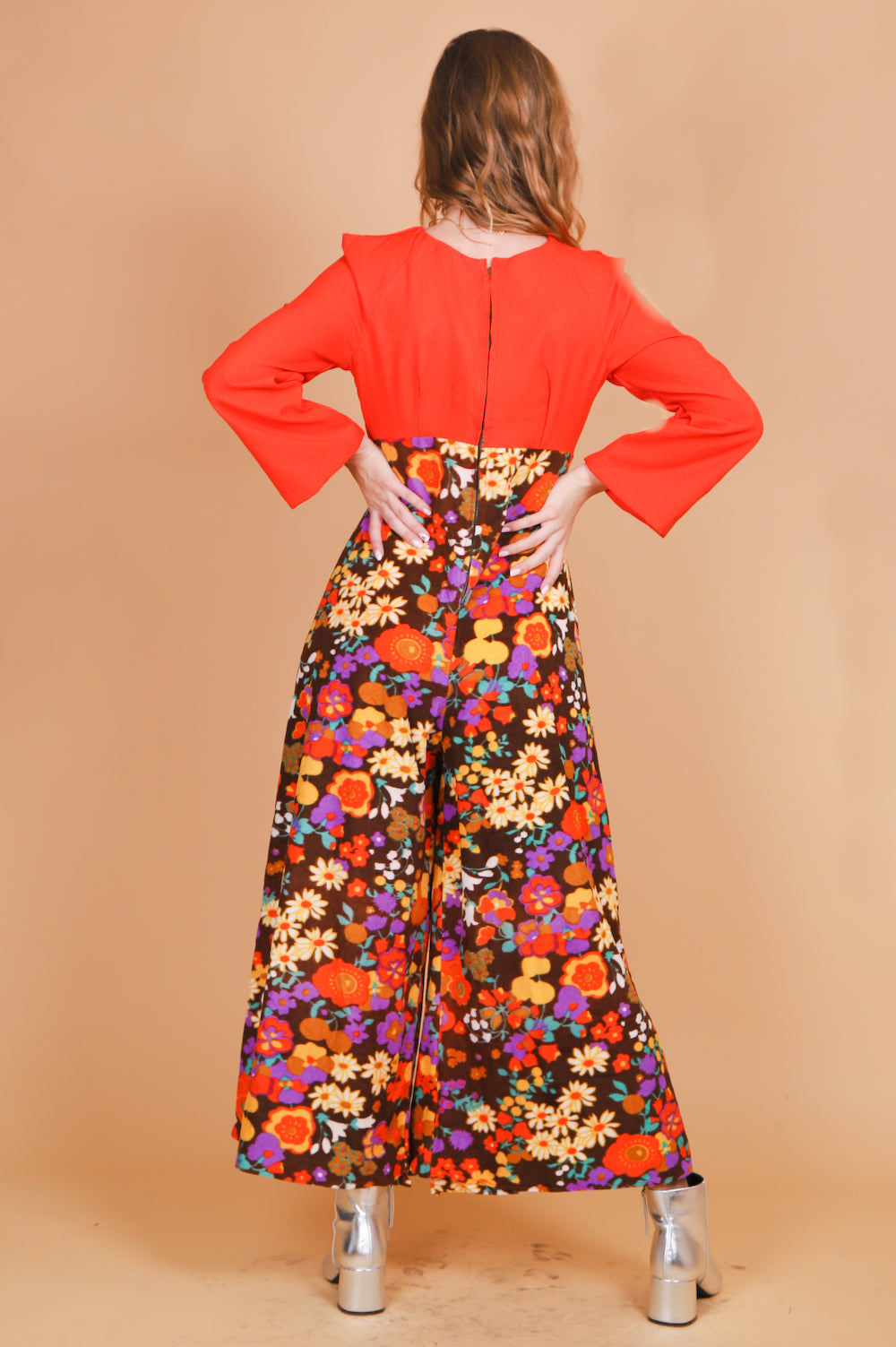 Vintage 1970's Tangerine Explosion Floral Jumpsuit