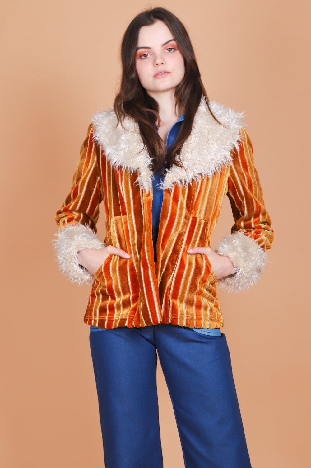 Vintage 1970's Haight and Ashbury Stripe Velvet Fur Coat