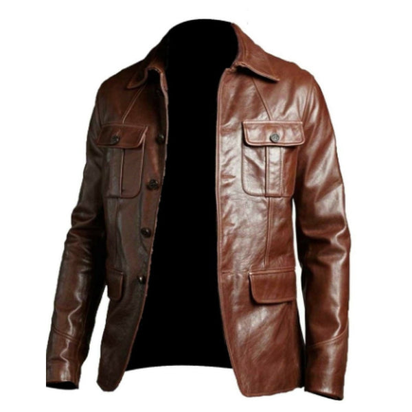 Blazer Coat Jacket For Men's Leather Brown Cafe Racer Sheepskin Bomber Top
