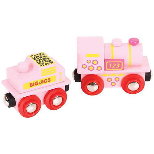 NEW Bigjigs Wooden Railway Pink Double Engine Train Shed Traditional Toy 