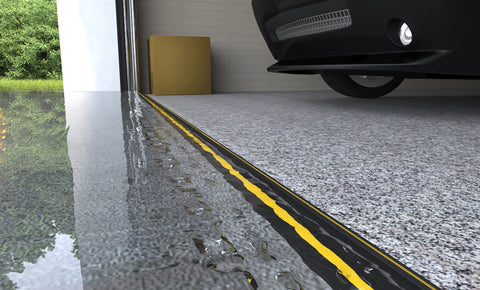 CGI render of a car garage with flooding outside