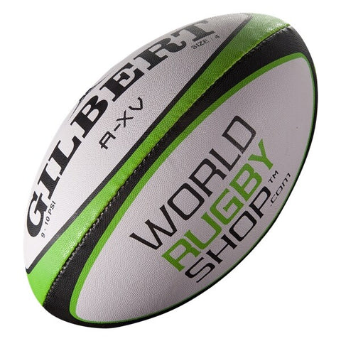 Green and white Gilbert training ball has Gilbert Logo and World Rugby Shop logo in Green and white
