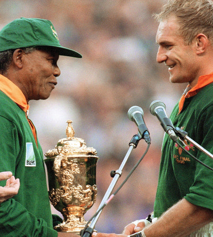 Nelson Mandela presents trophy to Springbok's Captain