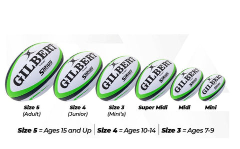 6 different sizes of Gilbert rugby balls side by side
