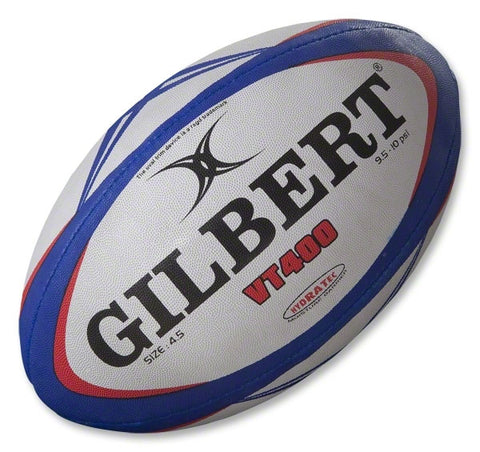 Gilbert VT 400 Women's rugby ball, blue and white shot at an angle bottom left to upper right