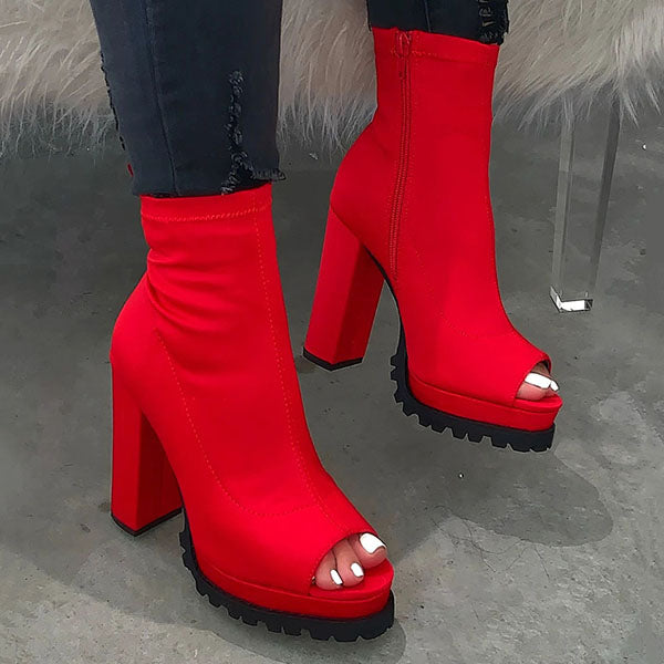 solid suede peep toe chunky heeled boots