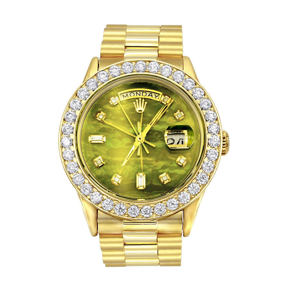Gold Rolex Oyster Perpetual Diamond Watch for Men Green MOP | The Diamond Cartel