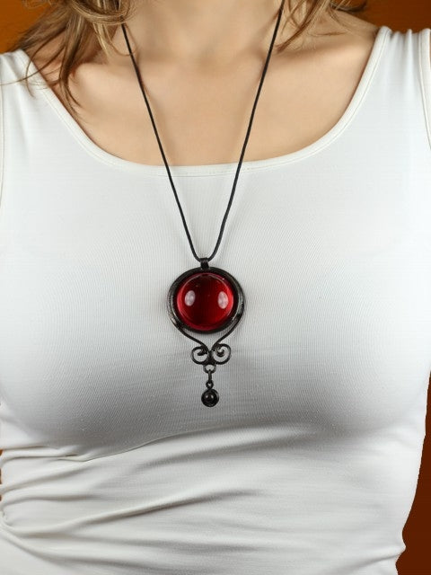 large handmade red glass and tin statement necklace