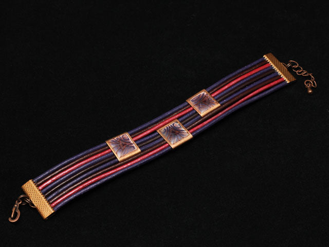 purple color leather bracelets with enamel on copper decoration