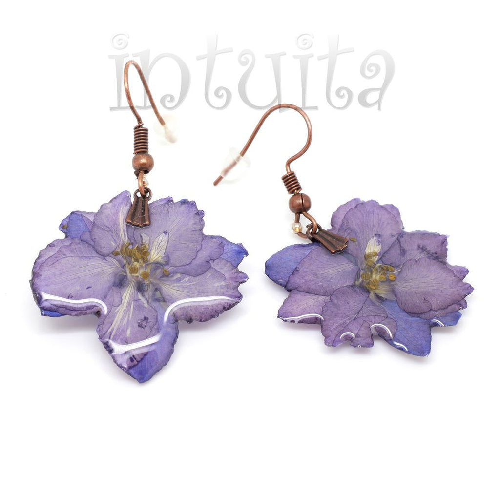 purple color real flower and resin earrings