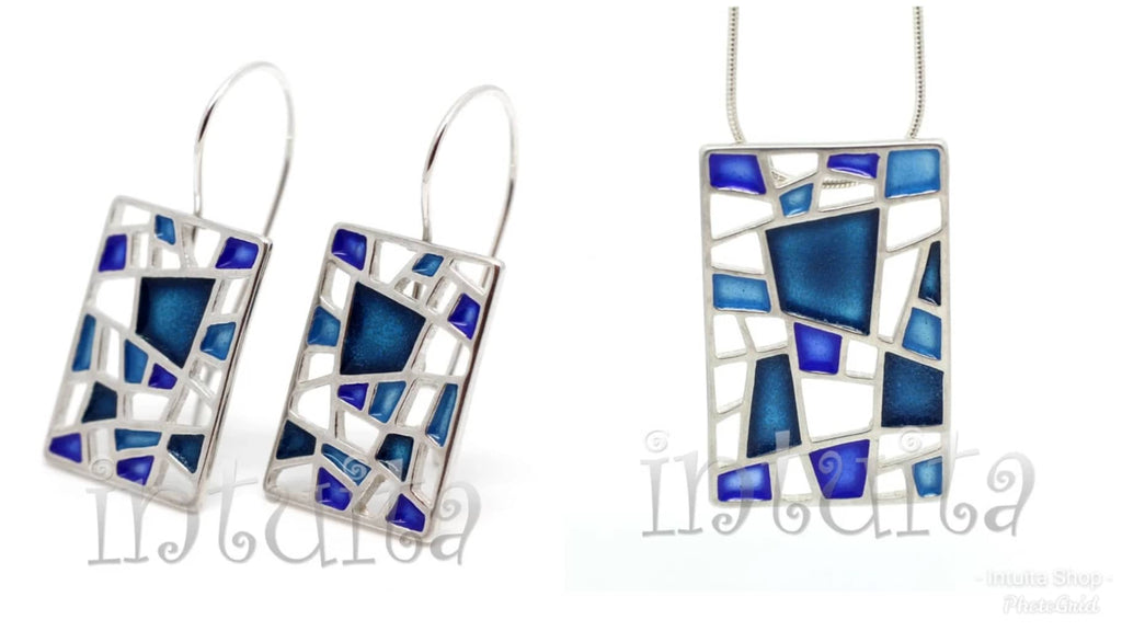 blue color mosaic sterling silver and enamel jewel set