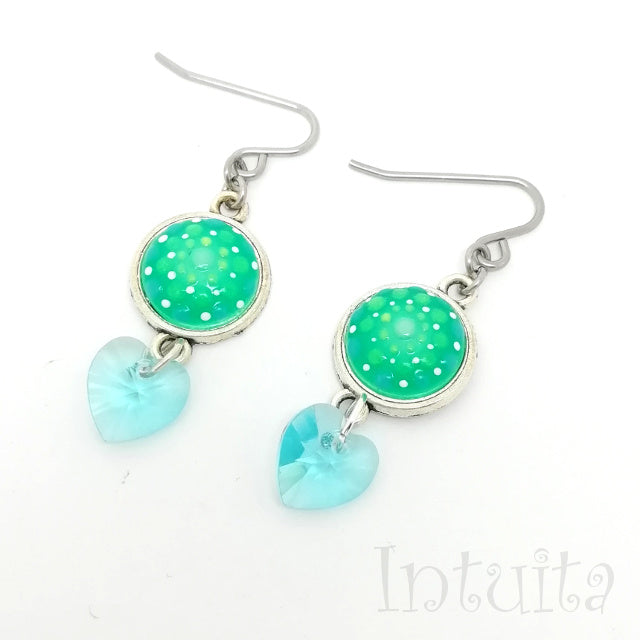 Dot painted earrings with Swarovksi heart charms for Valentine's Day in Intuita